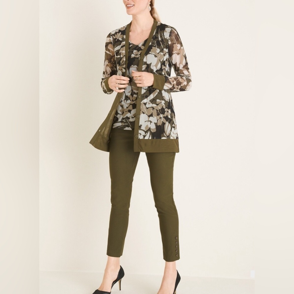 Chico’s Floral Camouflage Button Front Cardigan with Sheer Long Sleeves Size 1/M